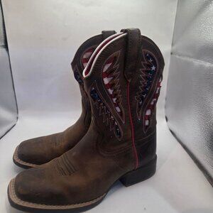 Ariat Cowboy Boots boys 13 Brown American Flag Inlay Leather Square Toe Pull On